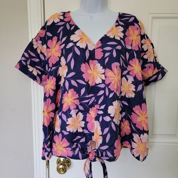 Set Of 2 Charter Club Luxury 100% Linen Red And Floral Tie-Front Top Size XXL - Picture 5 of 12